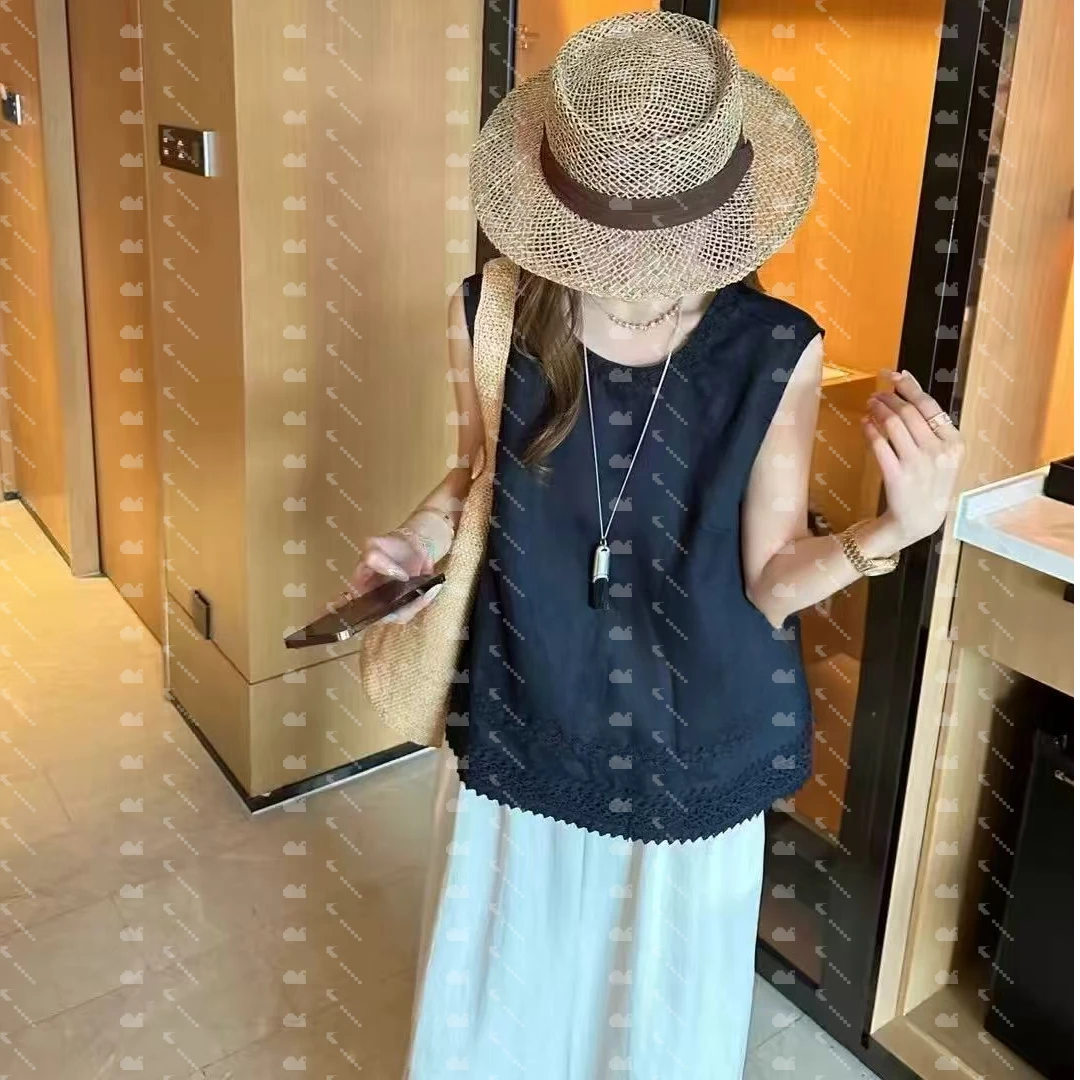 【天丝亚麻&圆领花边无袖背心】夏季新款重工圆领花边无袖背心DF157