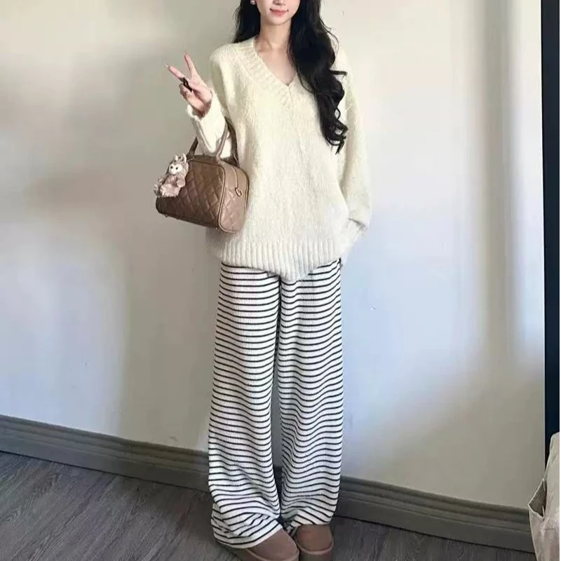 （黑色条纹）休闲裤春秋显瘦针织高腰直筒时尚外穿宽松