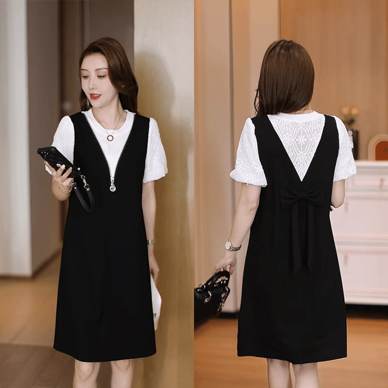 2025新款假两件泡泡袖中长背带连衣裙韩版显瘦撞色拼接气质洋气