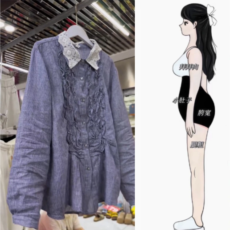 秋季新款时尚舒适蕾丝拼接细格子开衫衬衫宽松休闲显瘦长袖上衣女