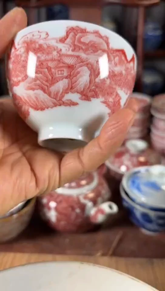 柴窑釉里红山水杯杯