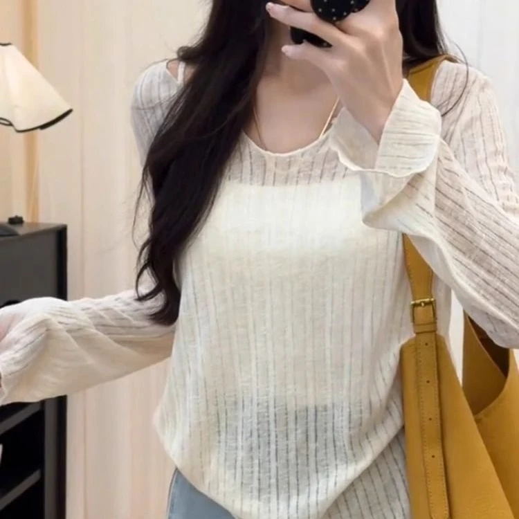 大码慵懒风休闲防晒针织衫胖高级感透气打底罩衫长袖上衣时尚