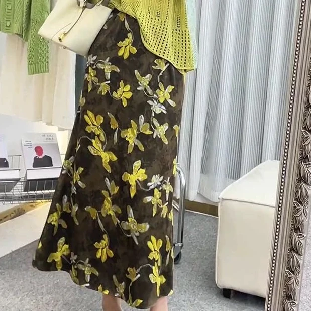 缎面印花鱼尾裙半身裙夏季女2025新款高腰显瘦优雅包臀长裙一步裙