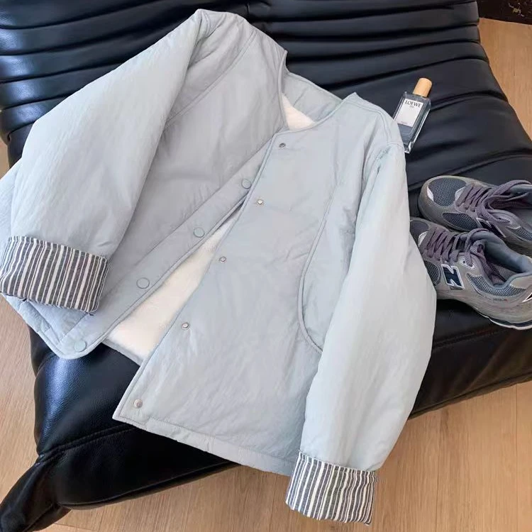 日系百搭宽松短款棉服外套女秋冬新款简约休闲圆领长袖面包服上衣