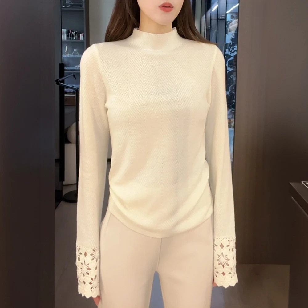 2025秋冬钩花镂空针织衫女新款时尚减龄显瘦打底衫半高领长袖上衣