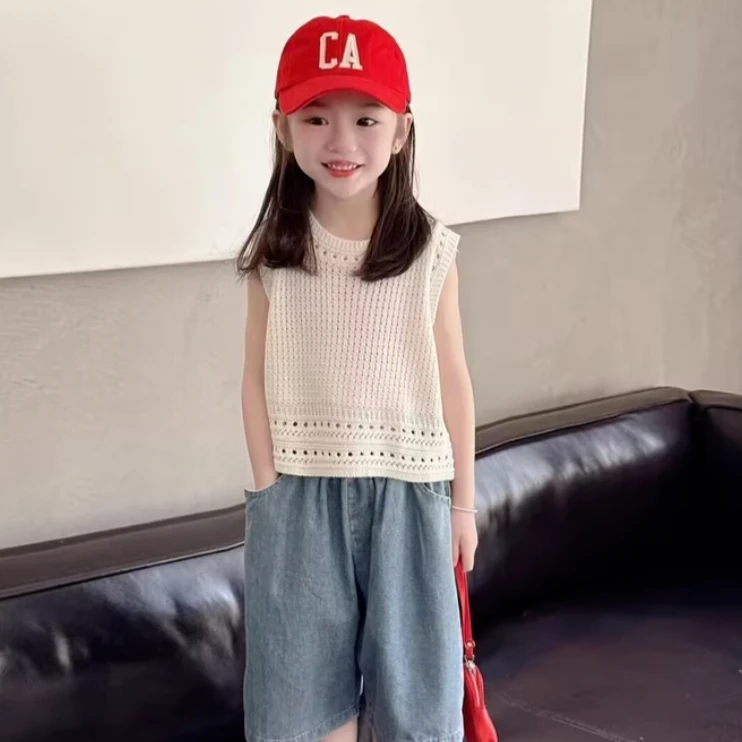 女童夏季套装2025儿童新款韩版镂空马甲背心软牛仔七分裤套装