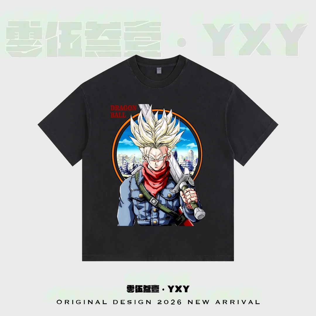YXY【龙珠持剑特兰克斯】美式休闲复古动漫重磅印花短袖T恤情侣小众