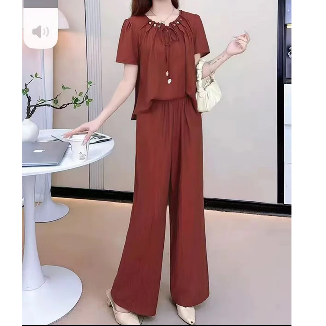 2025夏新款洋气休闲上衣+直筒裤两件套百搭女士套装5822衣59裤100