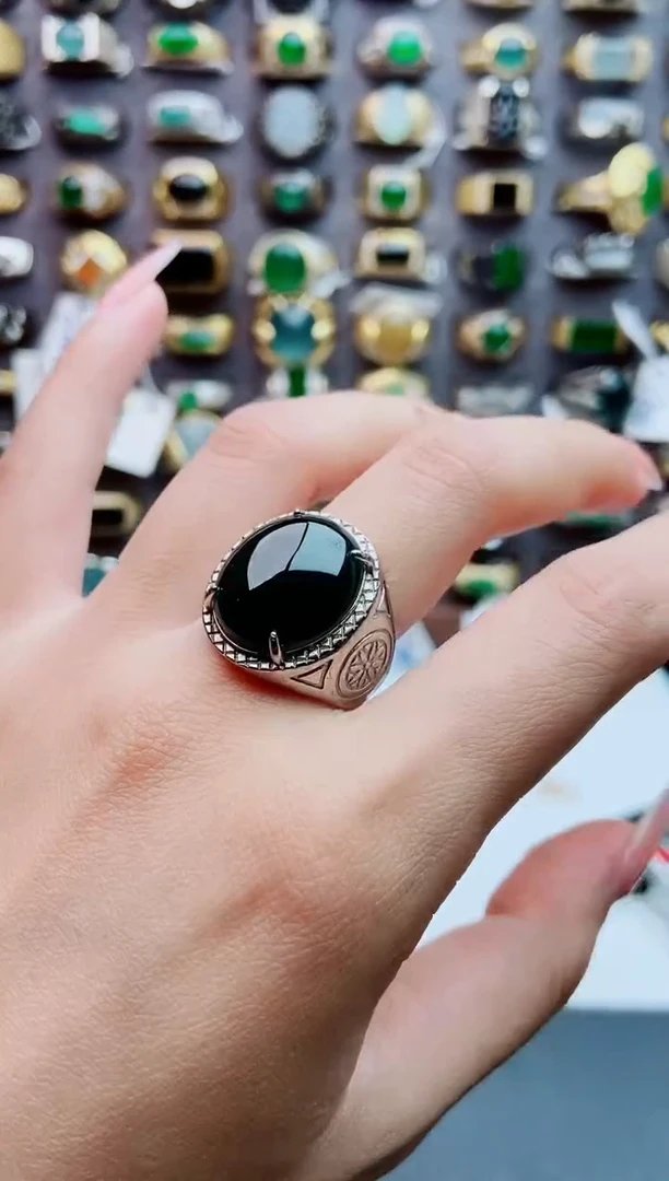 银S925镶嵌戒指翡翠天然翡翠男戒