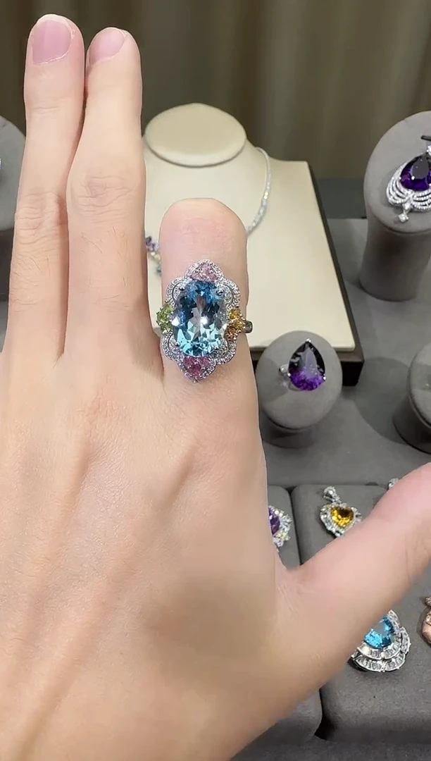 银S925镶嵌戒指托帕石10*14mm戒指设计款