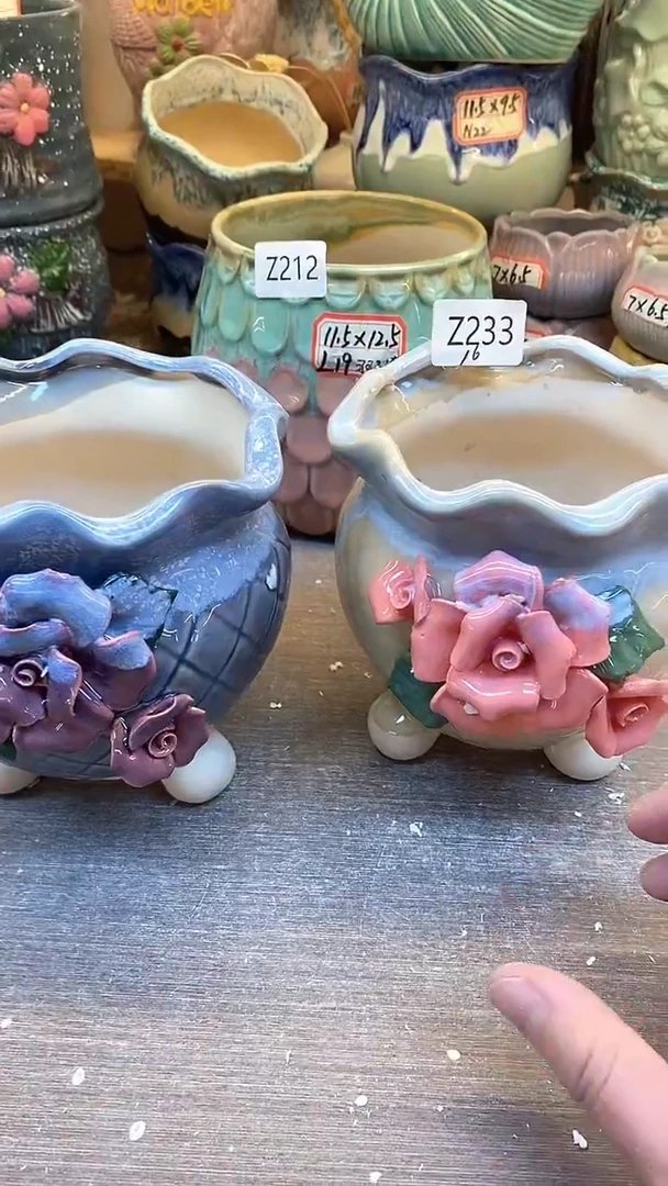 @@陶瓷多肉花盆S6堂草园捏花2件套