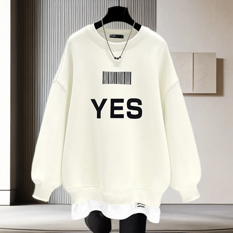 搭配芭比裤白色圆领假两件卫衣女加绒2025新款秋冬条码字母中长款