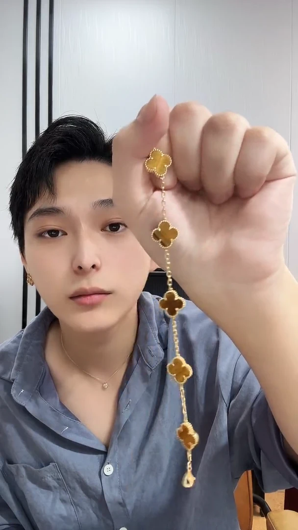 18K金镶嵌手链木变石（虎睛石）黄色k黄，五花手链