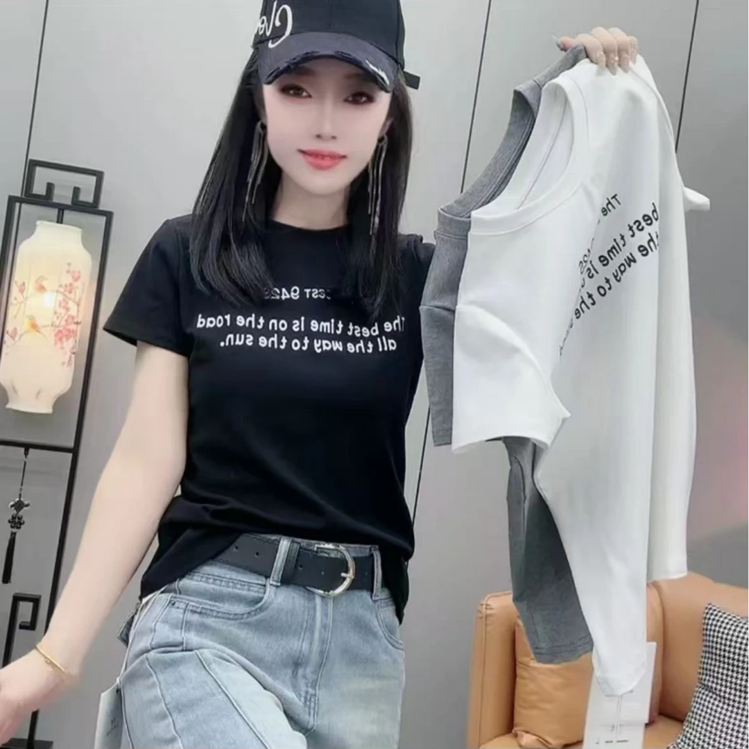 韩系小众字母印花短袖t恤2025圆领百搭短款正肩上衣10288