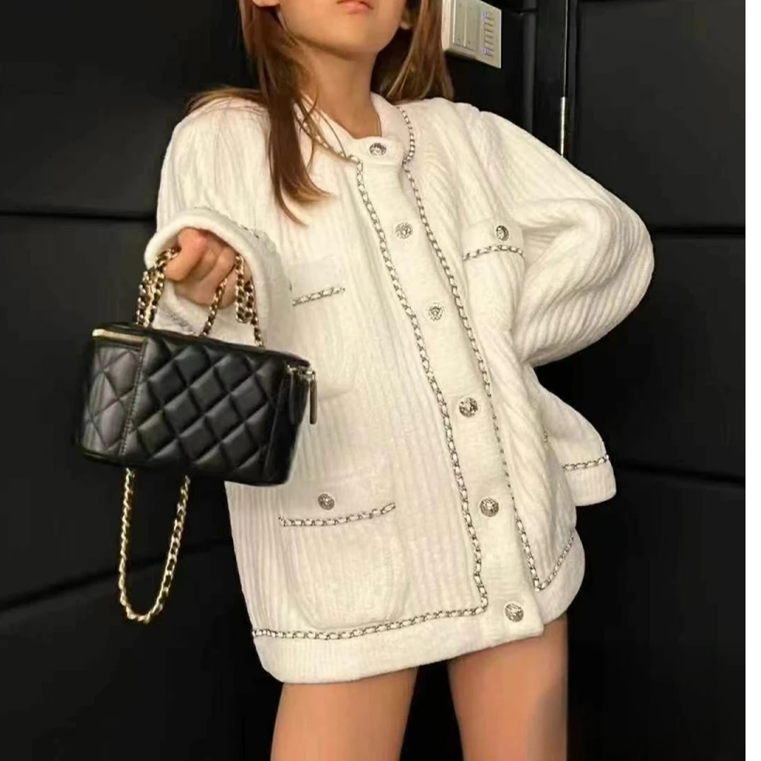 99新 Chanel/香奈儿 38码22B秋冬预告白色皮穿链条四口袋外套