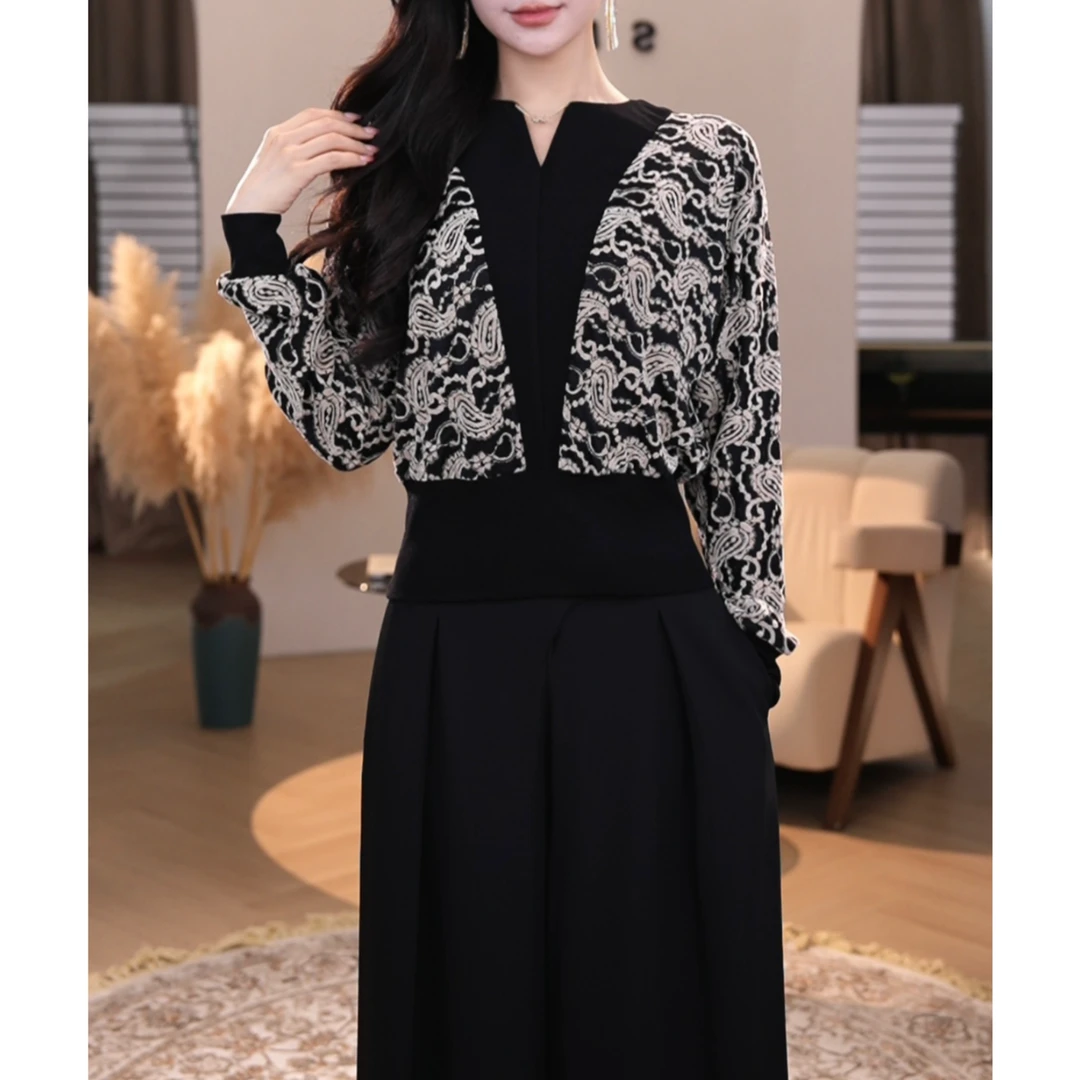 现货2025春秋新款【DD-911】刺绣黑色气质显瘦遮肉百搭宽松针织上衣