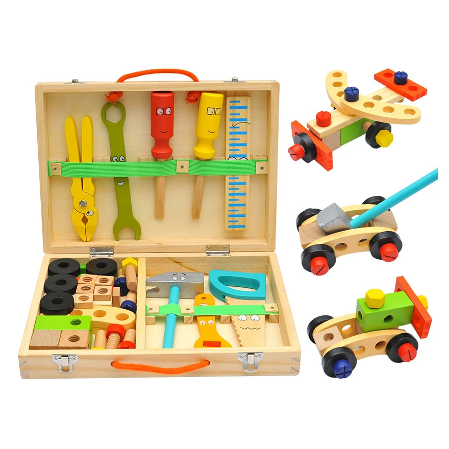 儿童过家家卡通木制手提维修工具箱益智仿真拼装拆装螺丝螺母组合