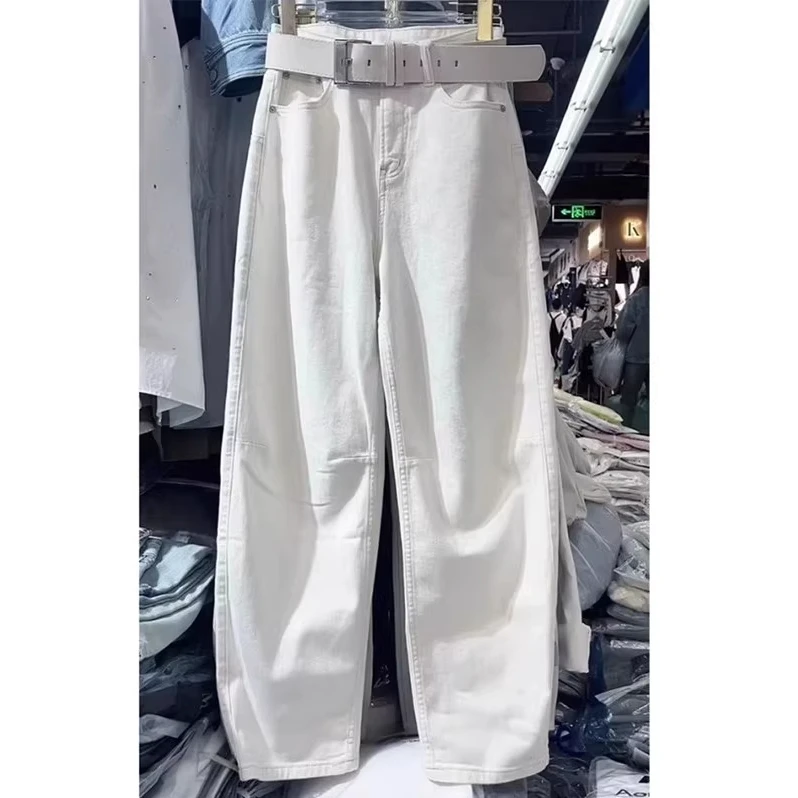 白色弯刀牛仔裤女秋季新款大码胖mm直筒阔腿宽松显瘦窄版香蕉裤子