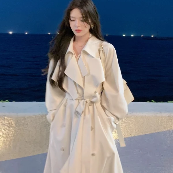 高级感白色风衣外套女2025秋季新款中长款收腰垂感英伦小个子大衣