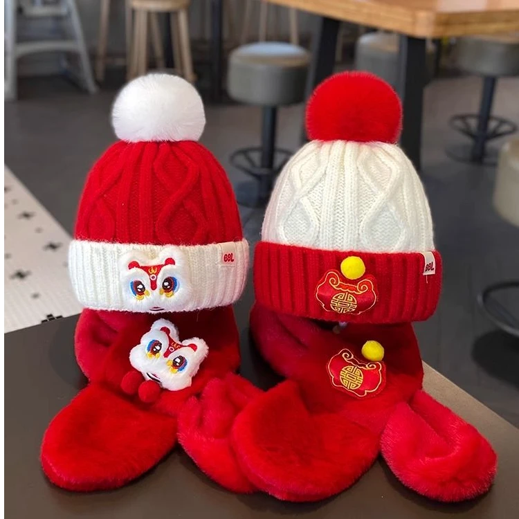 2024新款宝宝帽子围巾套装秋冬儿童针织毛线帽男童女童新年保暖男