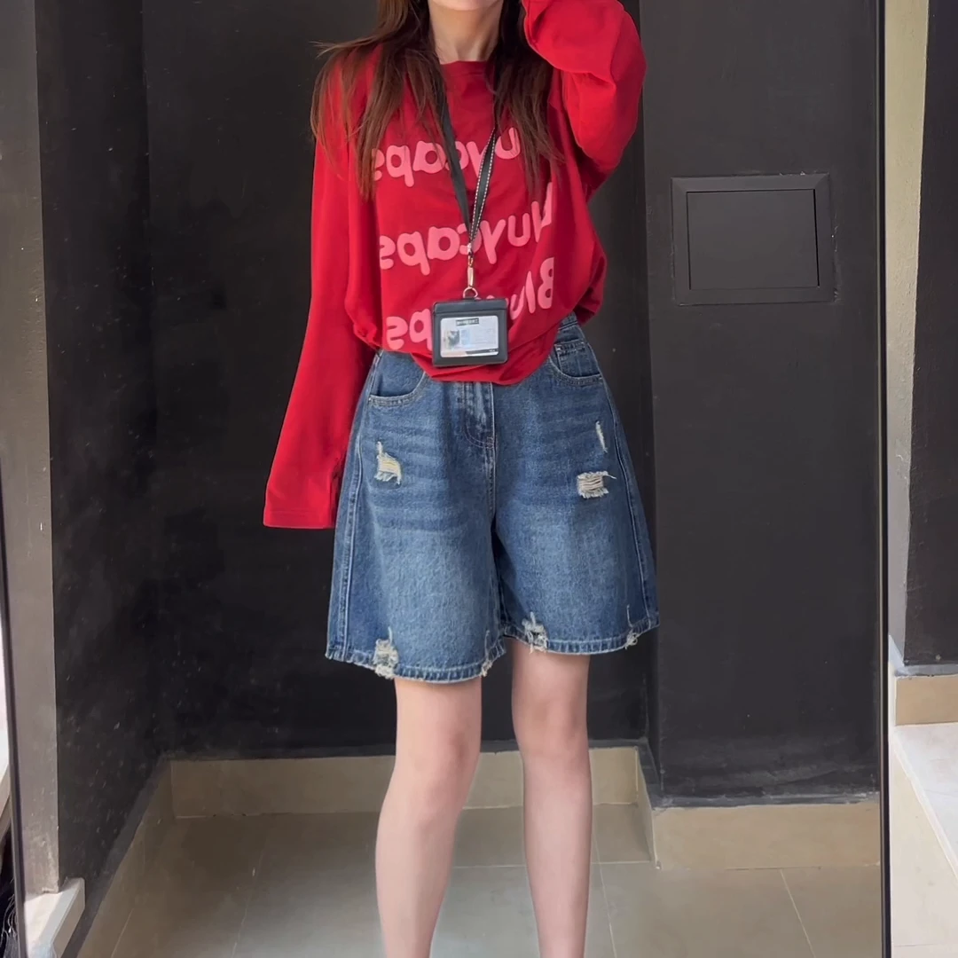 【送腰带】复古破洞四分牛仔裤女新款高腰夏季薄款显瘦女款a字短裤