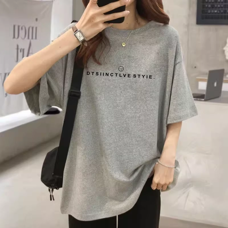 纯棉t恤女款2025新款爆款衣服宽松休闲中长款遮屁股圆领上衣夏季