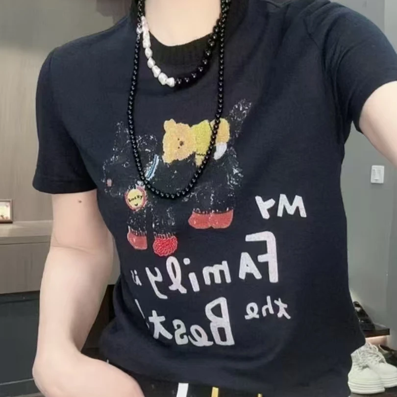 2532#欧货2025新款时尚卡通小狗字母印花短袖T恤女圆领上衣打底衫