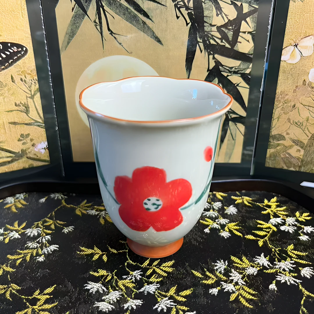 【时熙】手绘小红花茶杯草木灰仿古陶瓷小号主人杯品茗杯家用茶具