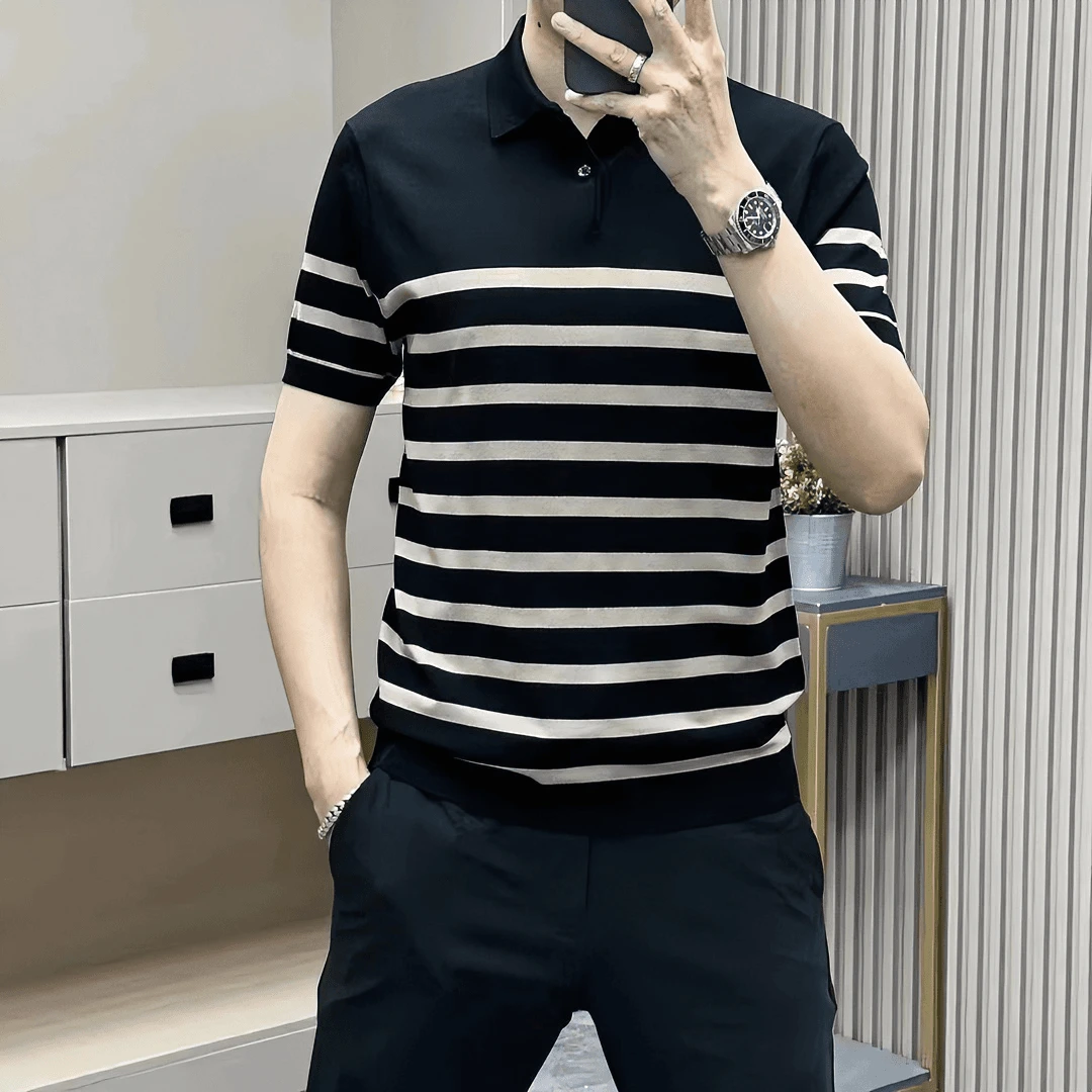 慕礼仕 MALEASY夏季新款轻奢男士针织百搭简约条纹商务翻领短袖