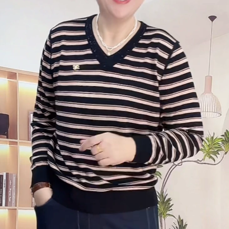 【于姐】05766女士长袖条纹V领天丝小衫
