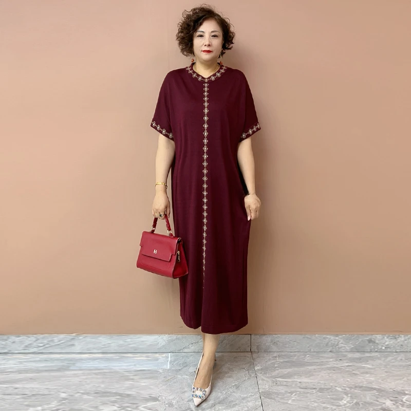 3588高端冰麻针织连衣裙早秋新款高贵洋气宽松大码婚宴减龄长裙子