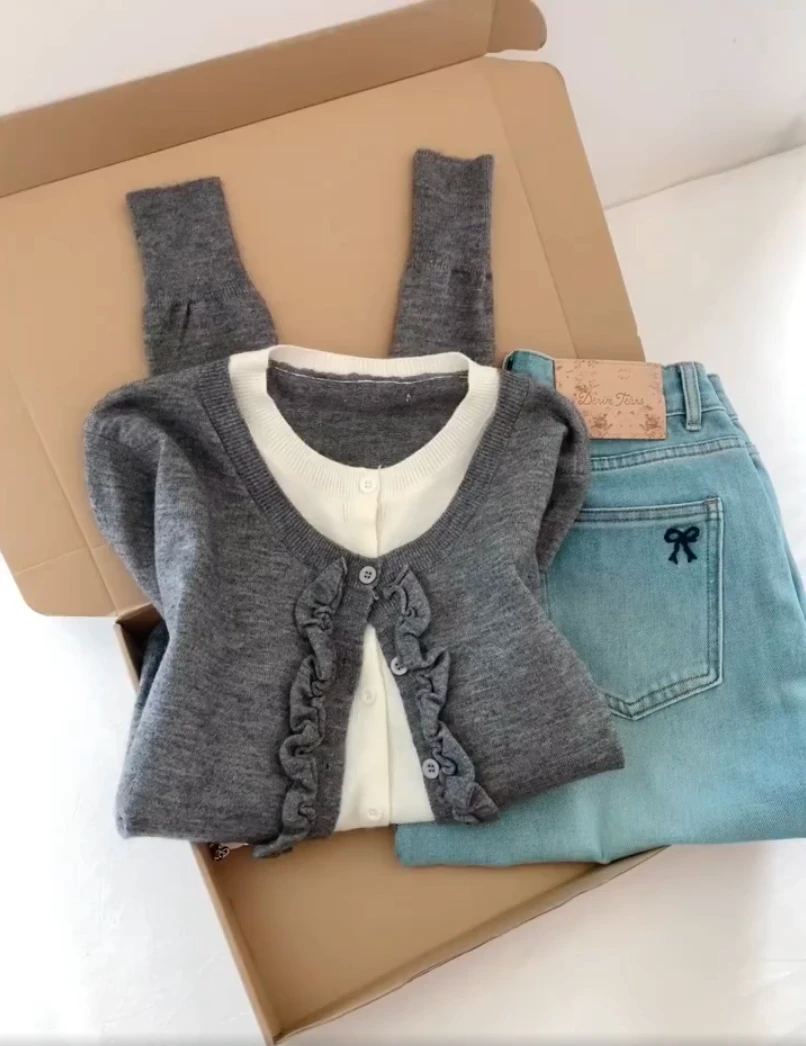 2025秋季宽松百搭圆领拼接假两件韩版女设计感ins潮休闲针织衫