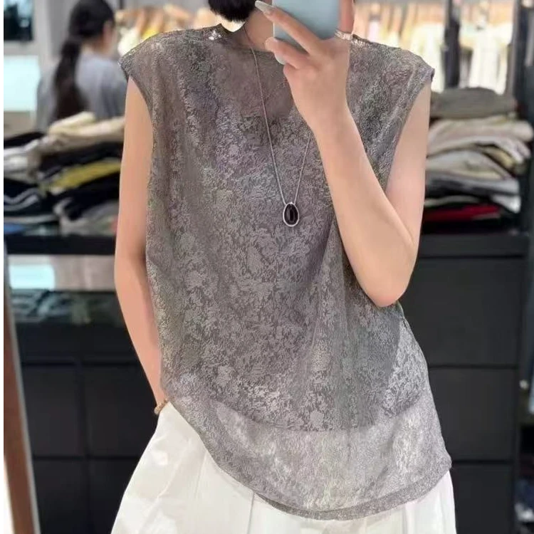 【柚子同款】MZ夏季欧货宽松休闲网纱钩花圆领无袖T恤背心小衫99101