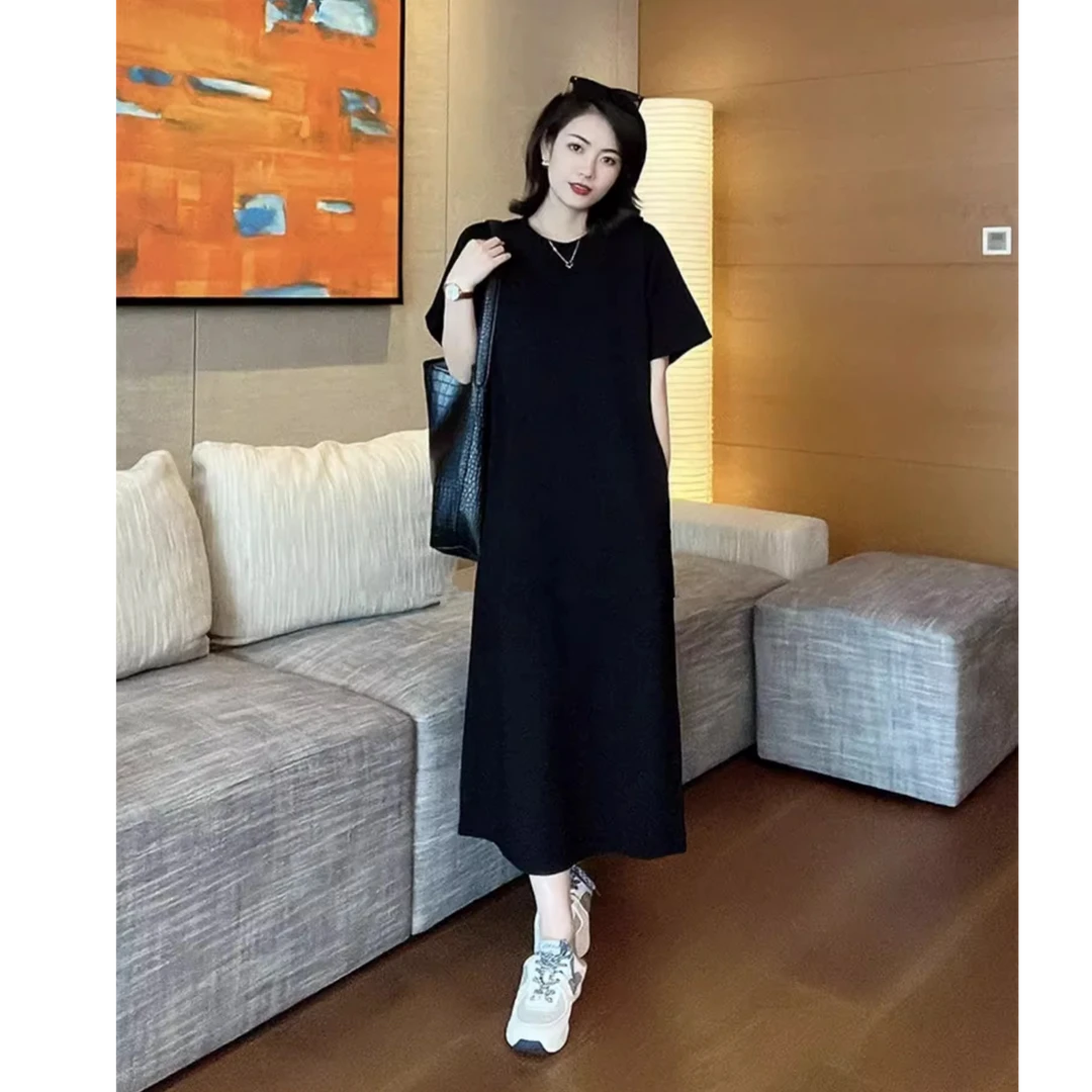 大码懒人裙T恤裙女夏短袖宽松中长款韩版气质显瘦高级感连衣裙潮