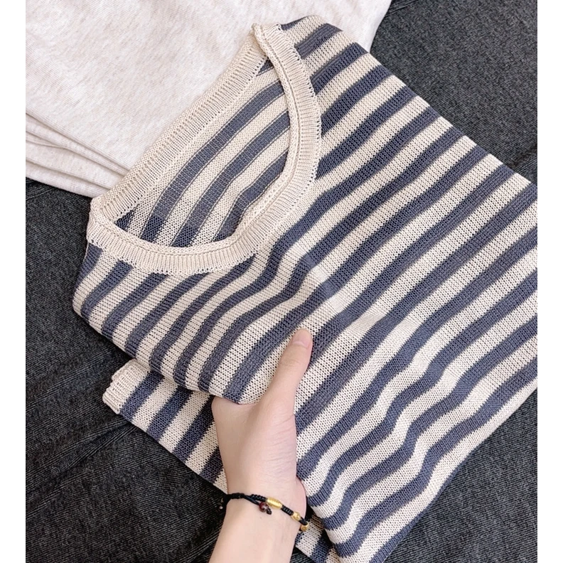 夏季新品【蓝灰条短袖】和纸纱圆领套头条纹宽松短袖T恤衫 U73X14