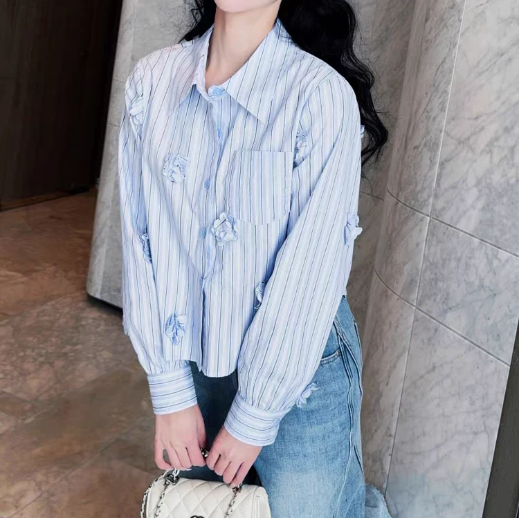 668516翻领宽条纹立体花瓣衬衣打底