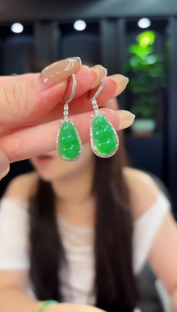 翡翠18K金镶嵌耳饰 缅料A货/支持复检/一件