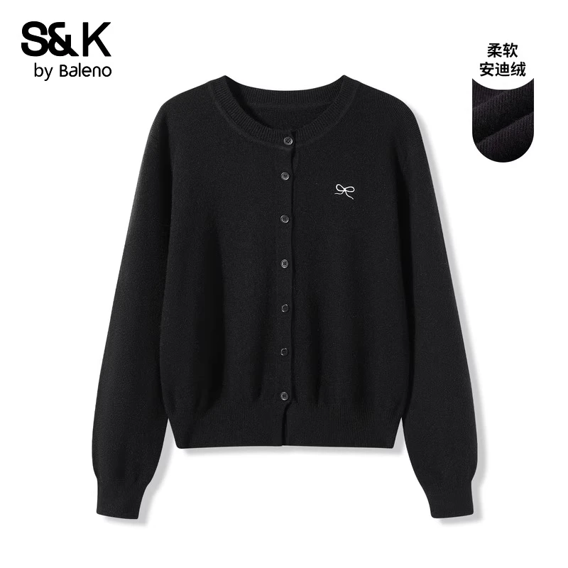 班尼路S&K系列黑色圆领针织开衫女秋冬新款韩系简约休闲百搭外套