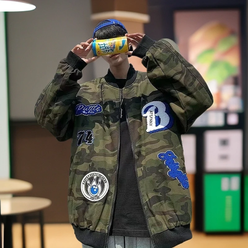 秋季迷彩刺绣工装外套宽松情侣款潮流棒球服夹克ins帅气美式休闲