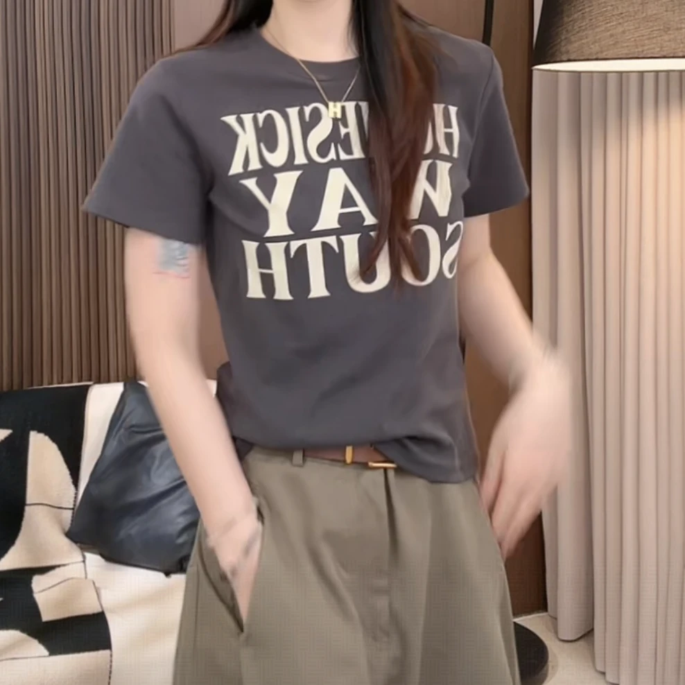 百搭圆领前后字母短袖时尚T恤宽松上衣女2025夏季新款圆领上衣