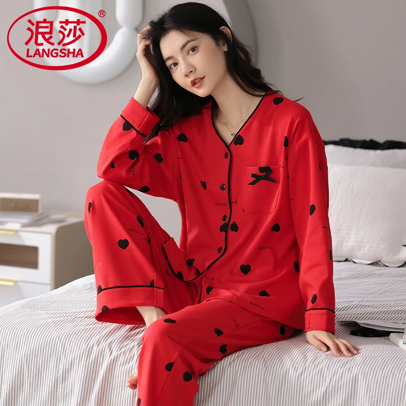 浪莎春秋季纯棉V领睡衣女2026新款全棉和服长袖可外穿家居服套装