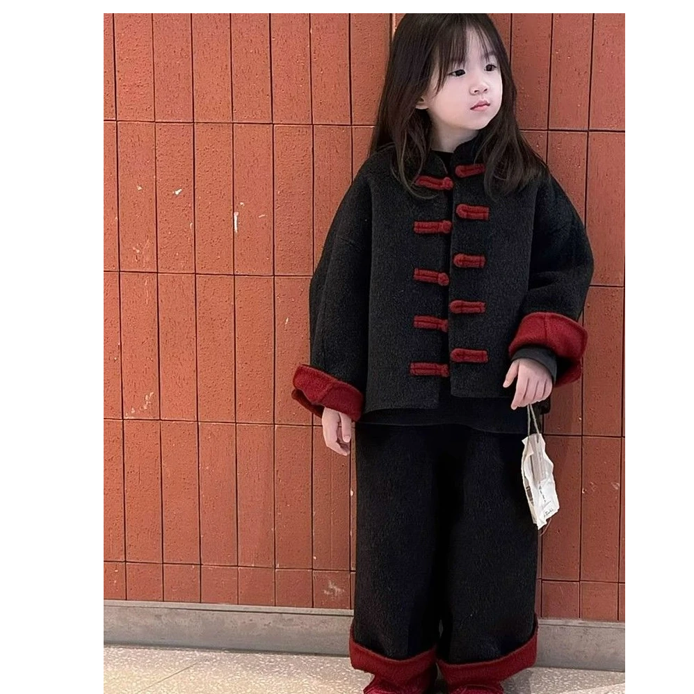 新中式童装2025冬季蛇年款黑色毛呢套装女童盘扣唐装呢外套直筒裤