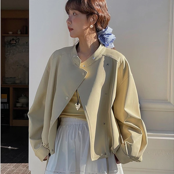 【歌铭】韩系通勤立领皮衣夹克女秋季新款复古机车服短外套单层外套