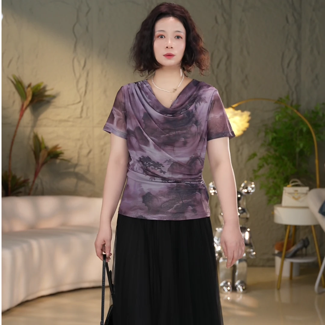 紫色山水印花堆堆领短袖水墨晕染上衣自带诗意，演绎国风新时尚468