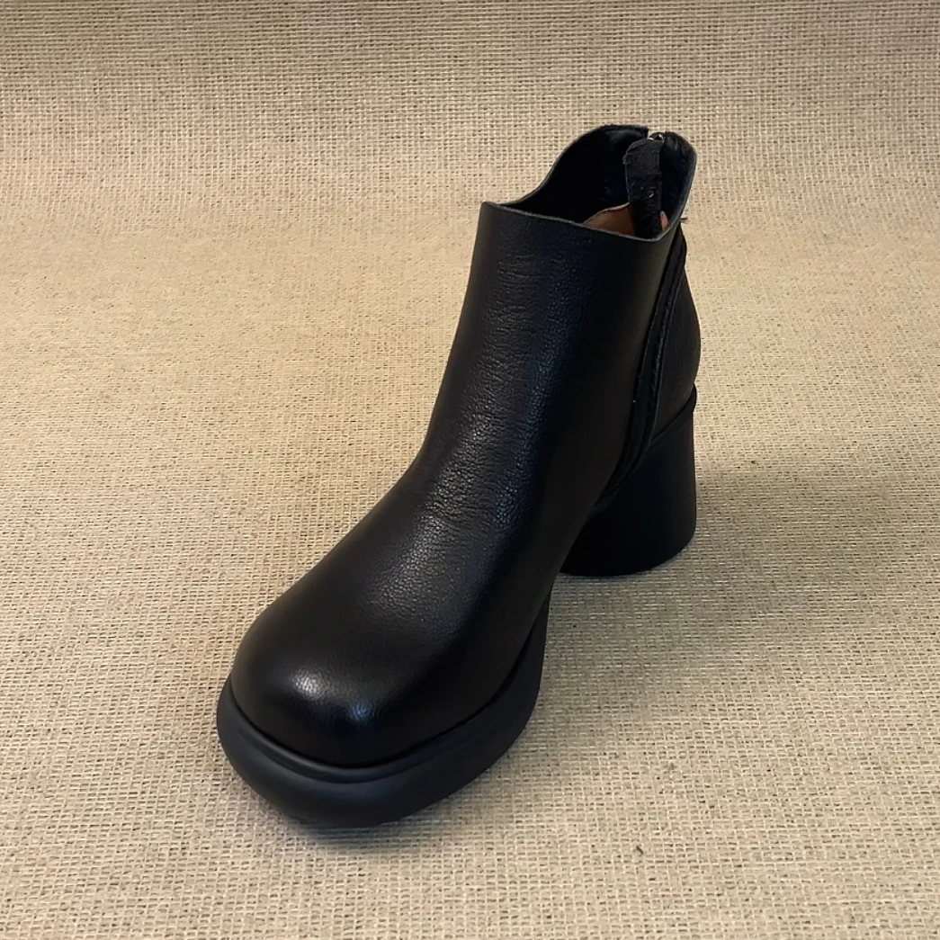 RubyL/6.5cm小个子复古通勤舒适百搭后拉链圆头粗跟厚底短靴女款