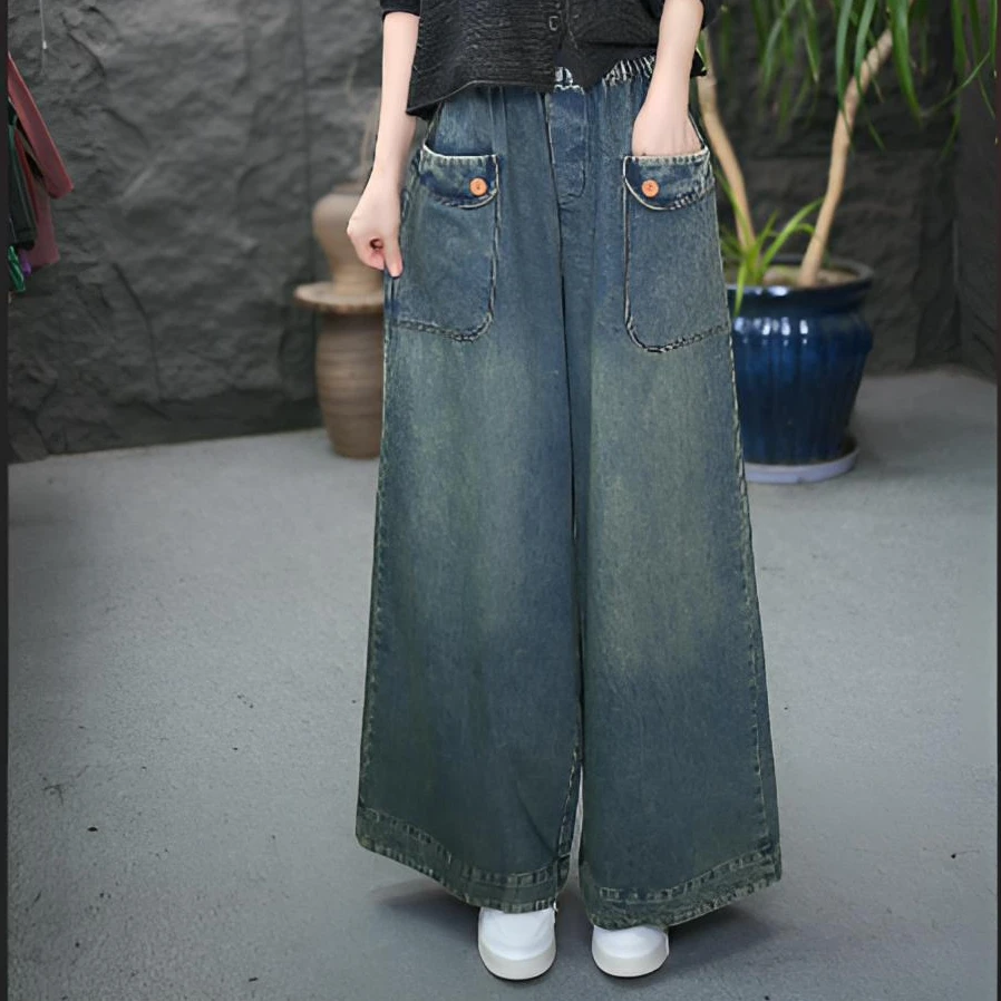 JJ女水洗做旧阔腿裤中腰秋季牛仔裤显瘦高腰裤子长裤直筒复古