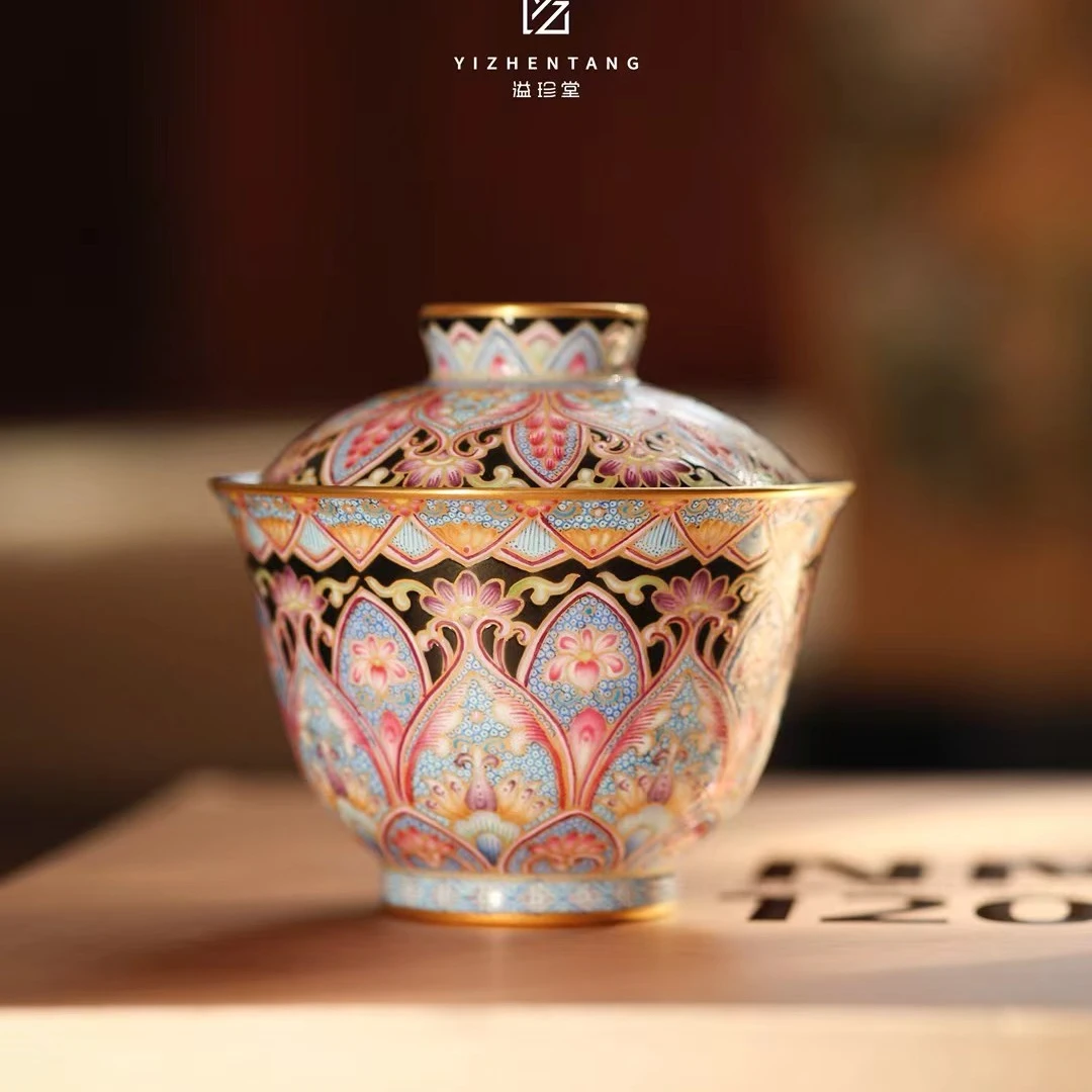 溢珍堂莲花净土描金元宝盖碗