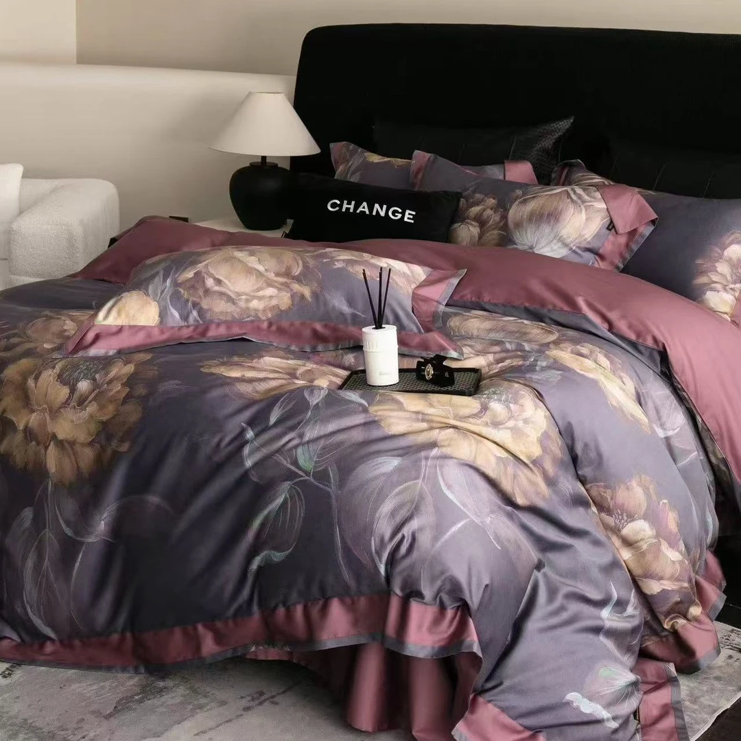 C7740 高端全棉数码印花100s标准四件套 花洛紫200*230软装套件