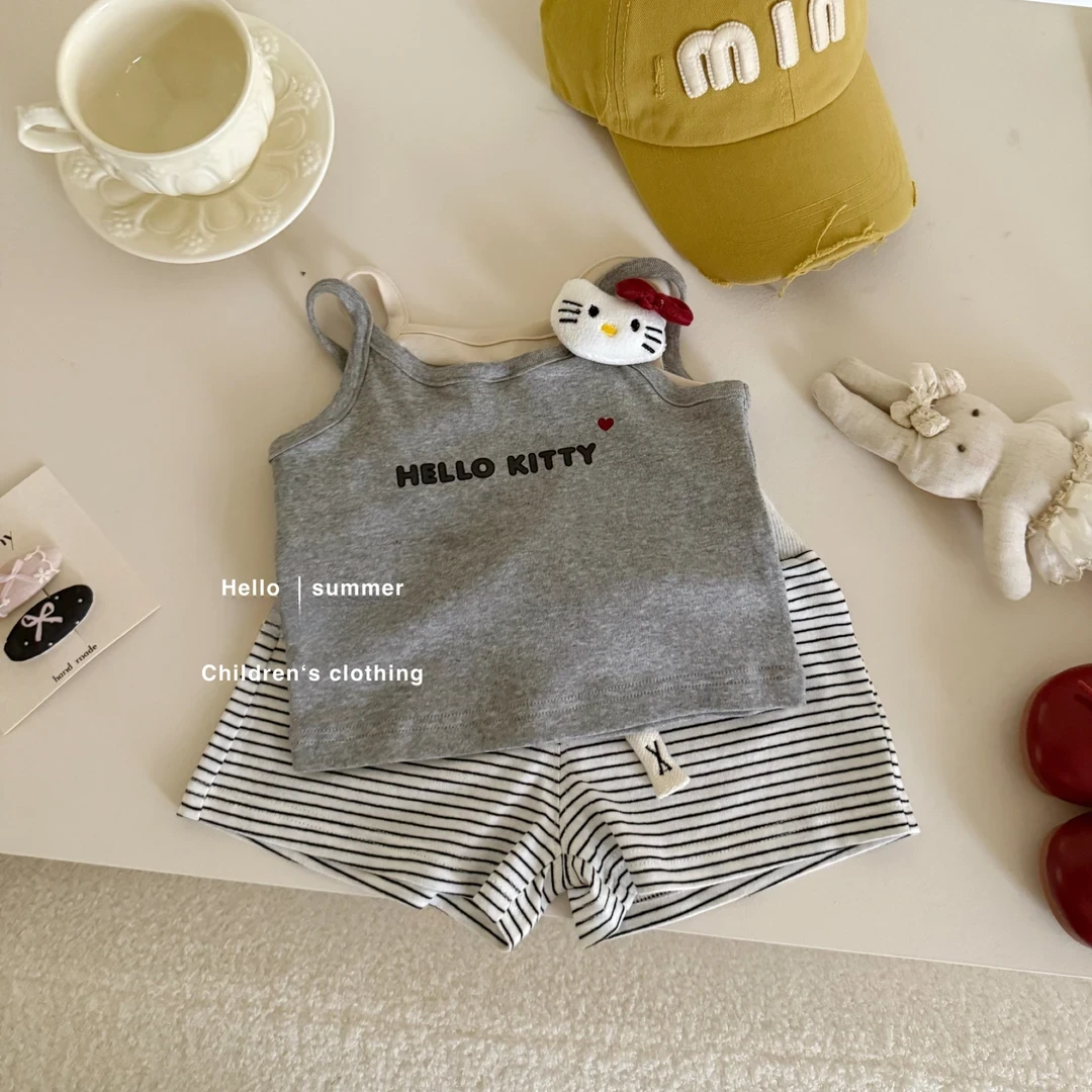 女童夏季套装2025新款宝宝卡通吊带背心条纹短裤小童可爱两件套潮