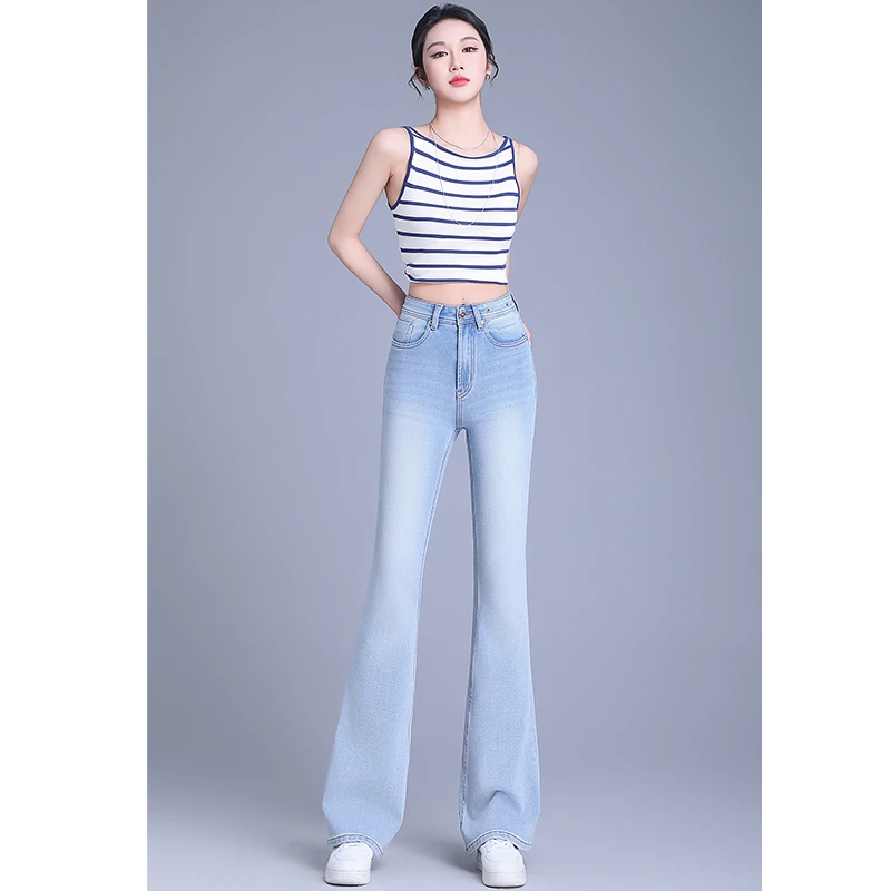 悉妍原创高腰小微喇牛仔裤喇叭裤女四面弹春夏款修身显瘦733